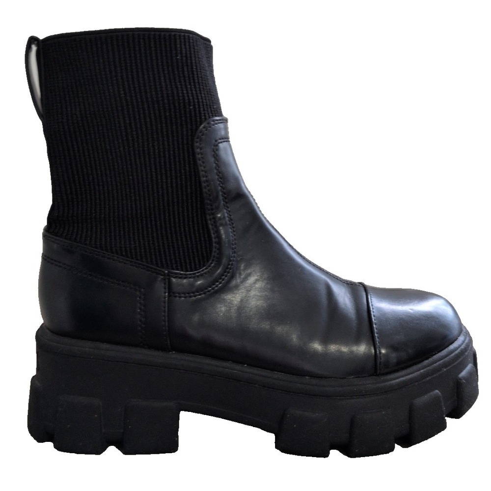 Circus NY Davina Boots Black Size 6 Mid-Calf Elastic Pull-On Lug-Sole Edgy Urban